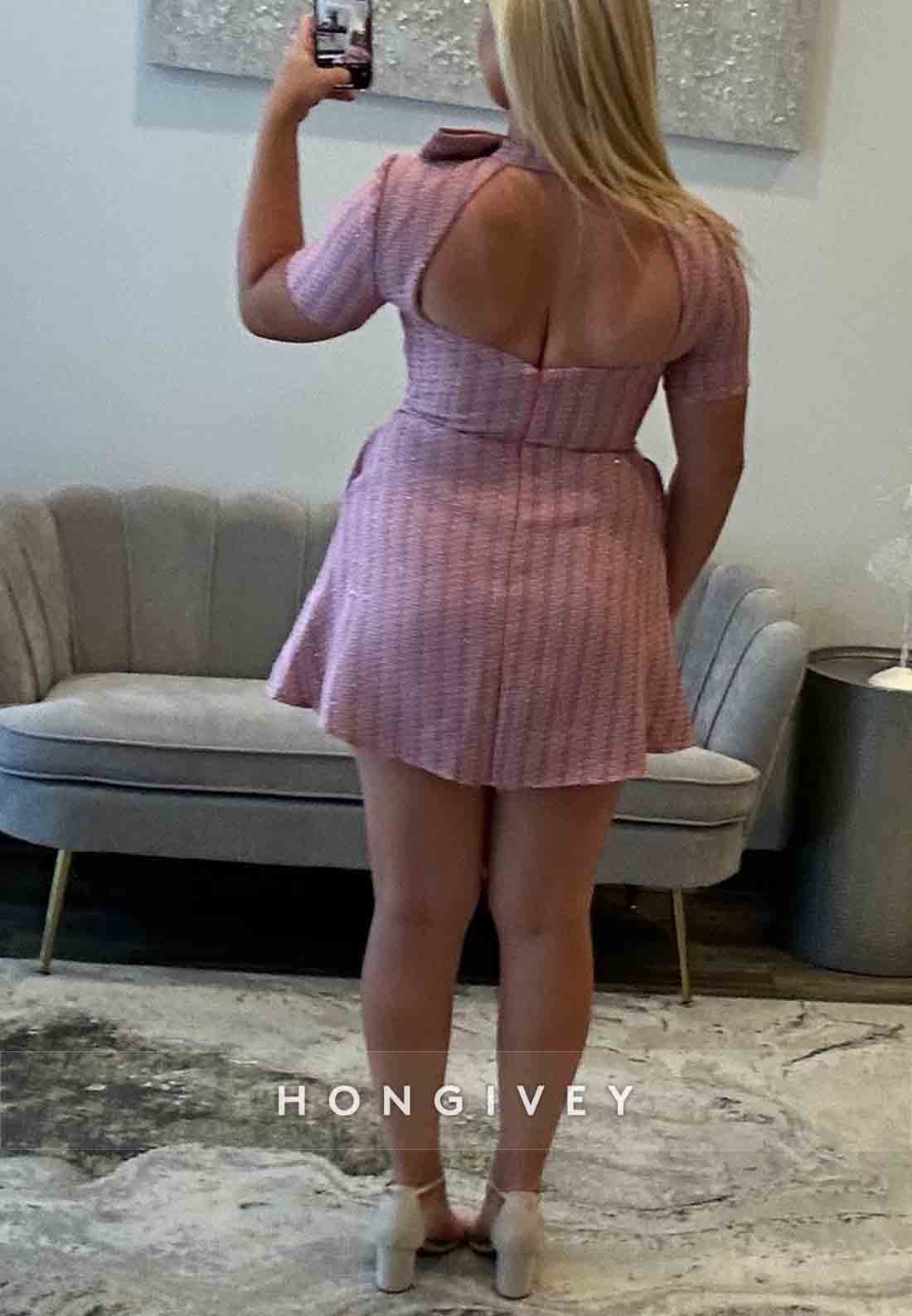 High Neck Short Sleeves Back Hole Short Homecoming Dresses with Bowknot