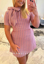 High Neck Short Sleeves Back Hole Short Homecoming Dresses with Bowknot