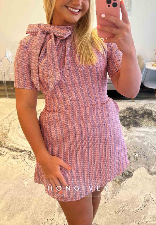 High Neck Short Sleeves Back Hole Short Homecoming Dresses with Bowknot