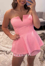 Simple Strapless Pantsuit Sleeveless Low Back Pleated Short Homecoming Dress