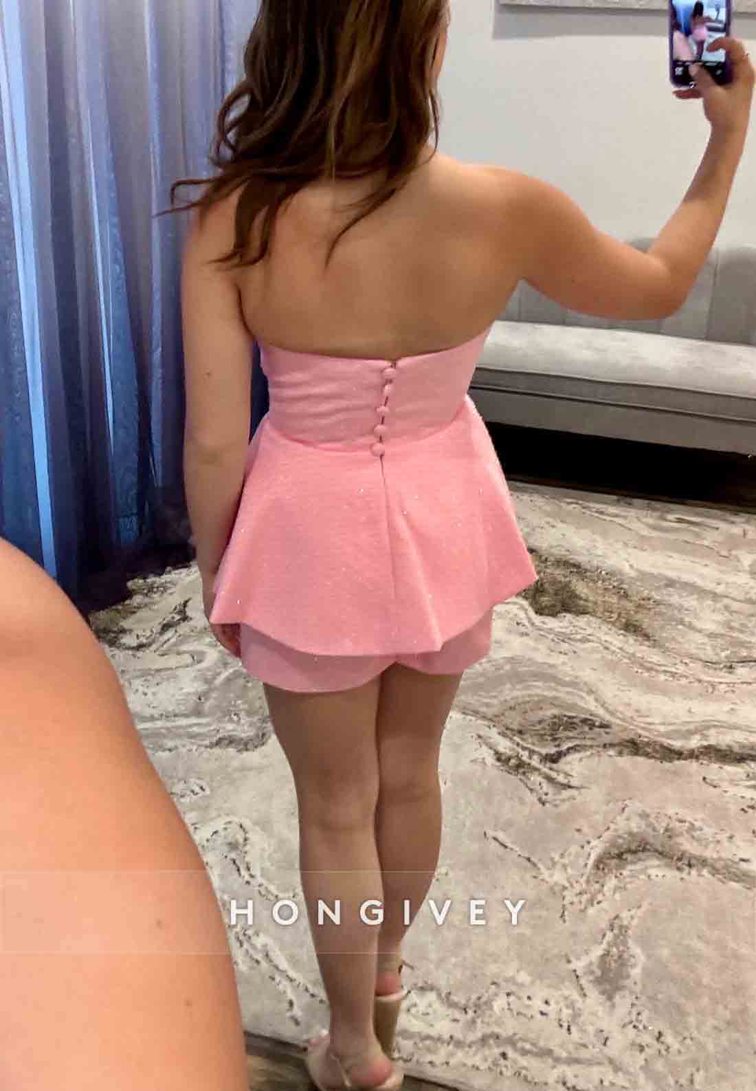 Simple Strapless Pantsuit Sleeveless Low Back Pleated Short Homecoming Dress