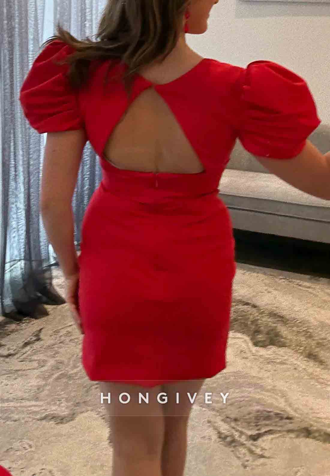 Red Side Slit Low V-Neck Short Sleeves Sheath Short Homecoming Dress