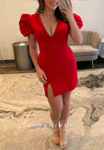 Red Side Slit Low V-Neck Short Sleeves Sheath Short Homecoming Dress