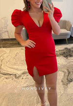 Red Side Slit Low V-Neck Short Sleeves Sheath Short Homecoming Dress