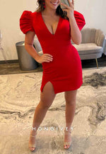 Red Side Slit Low V-Neck Short Sleeves Sheath Short Homecoming Dress