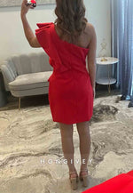Red Simple One Shoulder Side Slit Sheath Ruched Short Homecoming Dresses