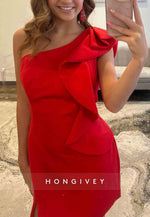 Red Simple One Shoulder Side Slit Sheath Ruched Short Homecoming Dresses