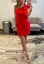 Red Simple One Shoulder Side Slit Sheath Ruched Short Homecoming Dresses