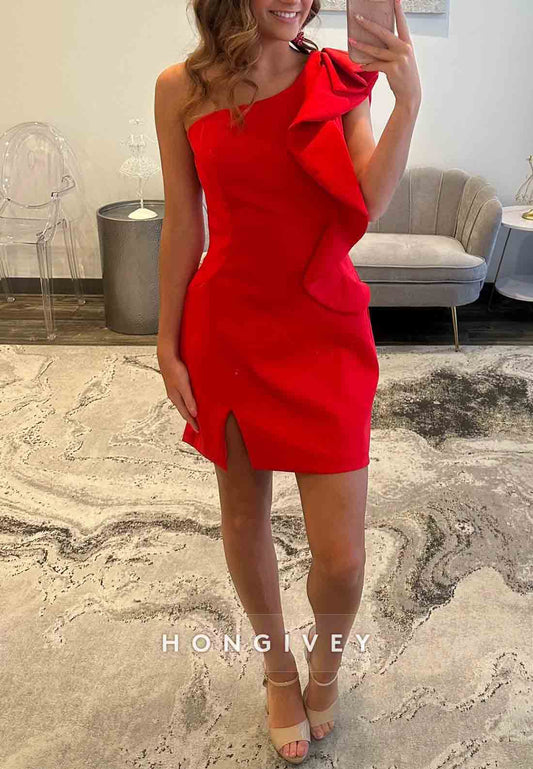 Red Simple One Shoulder Side Slit Sheath Ruched Short Homecoming Dresses