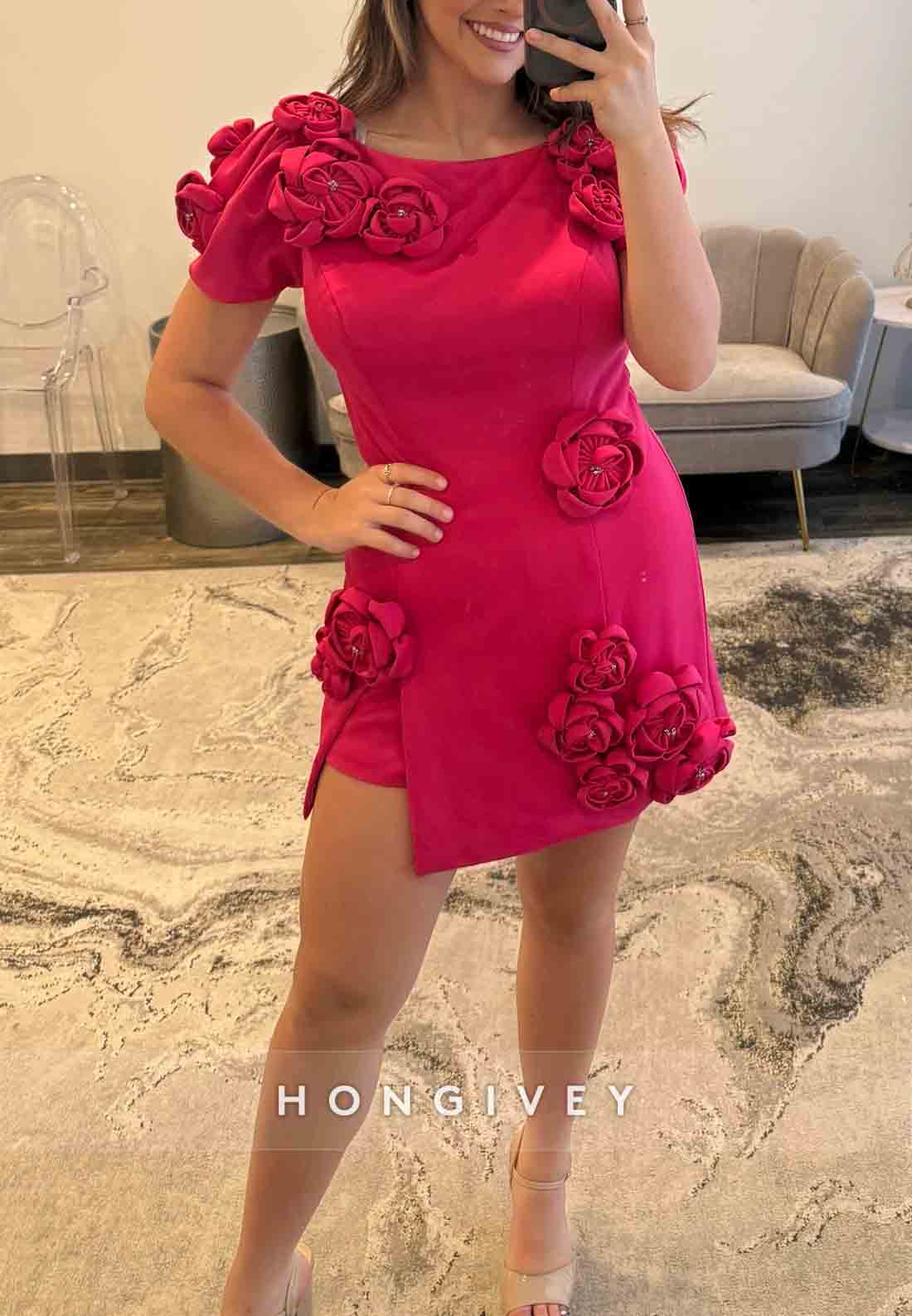 Fuchsia Short Sleeves Side Slit Short Homecoming Dresse swith Flowers