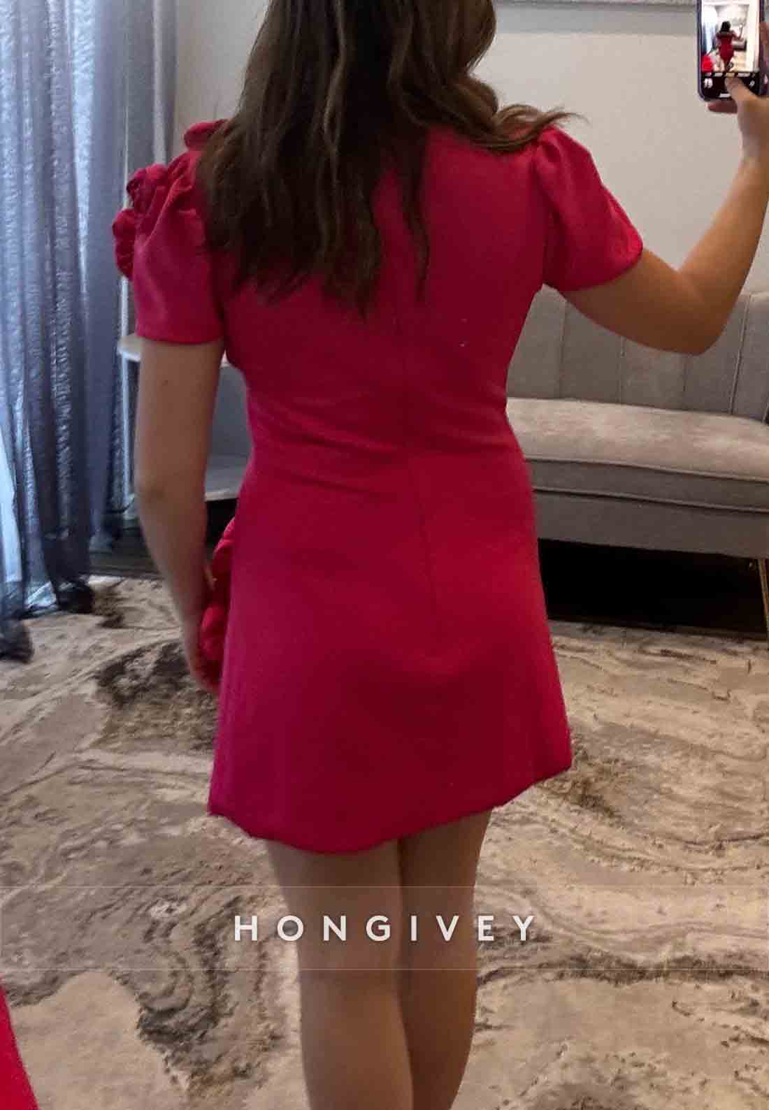 Fuchsia Short Sleeves Side Slit Short Homecoming Dresse swith Flowers