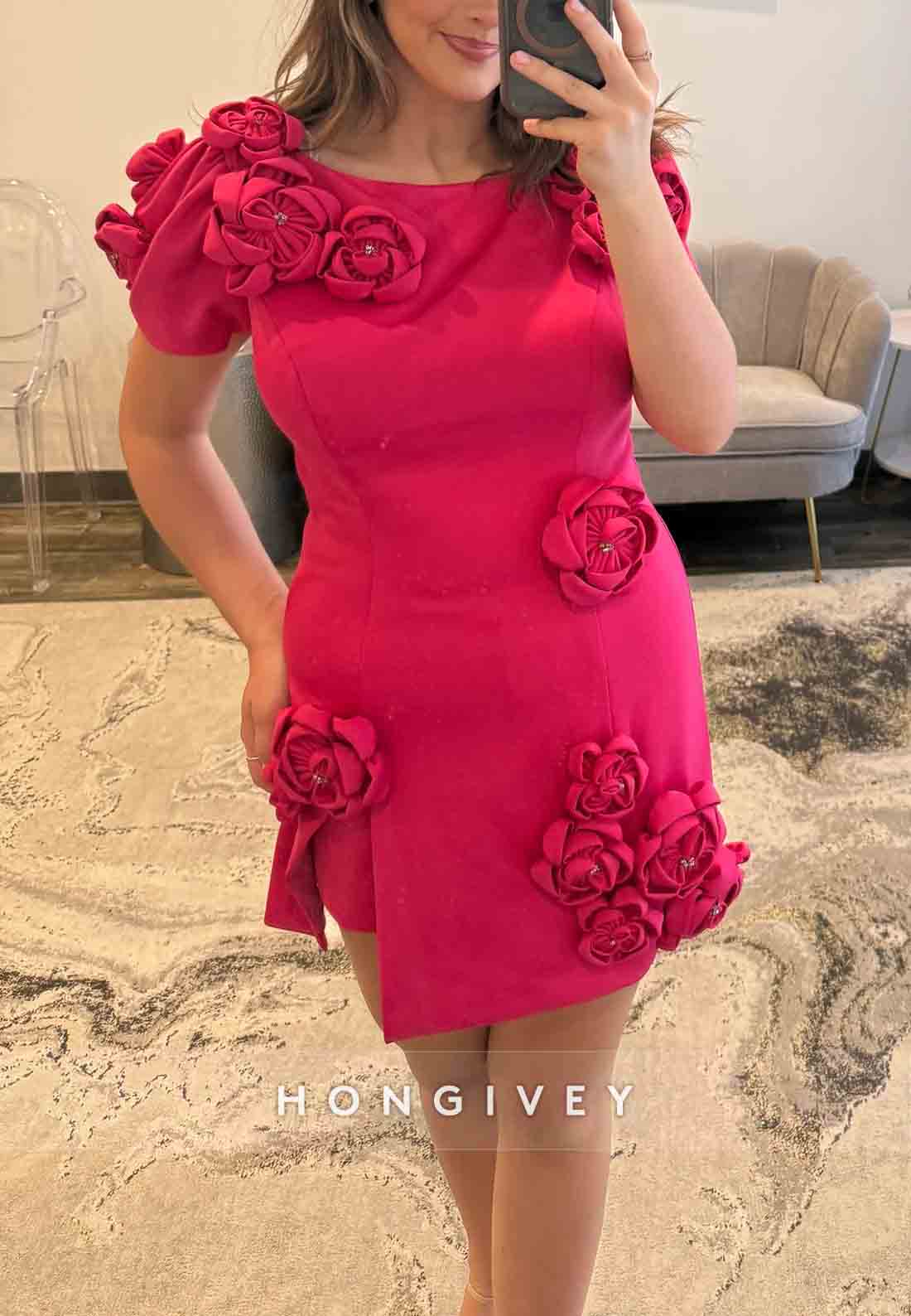 Fuchsia Short Sleeves Side Slit Short Homecoming Dresse swith Flowers