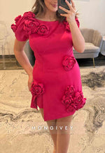 Fuchsia Short Sleeves Side Slit Short Homecoming Dresse swith Flowers