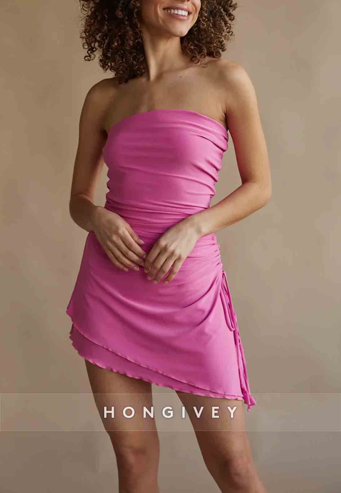Simple Strapless Asymmetrical Pleated Simple Mini Homecoming Dress