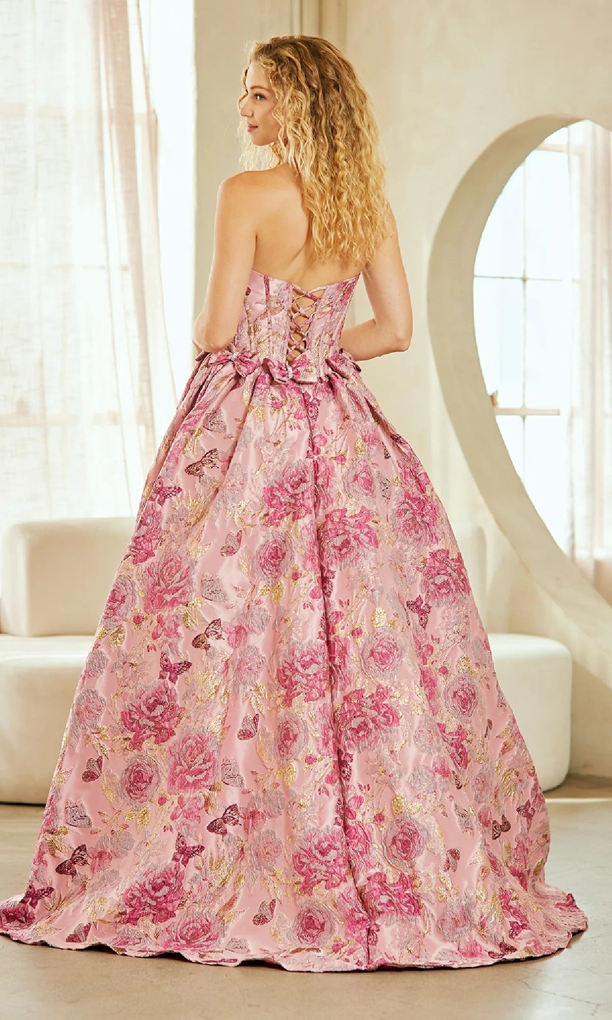 Bow A-Line Strapless Flowers Floral Print Sleeveless Prom Dress Floor-Length