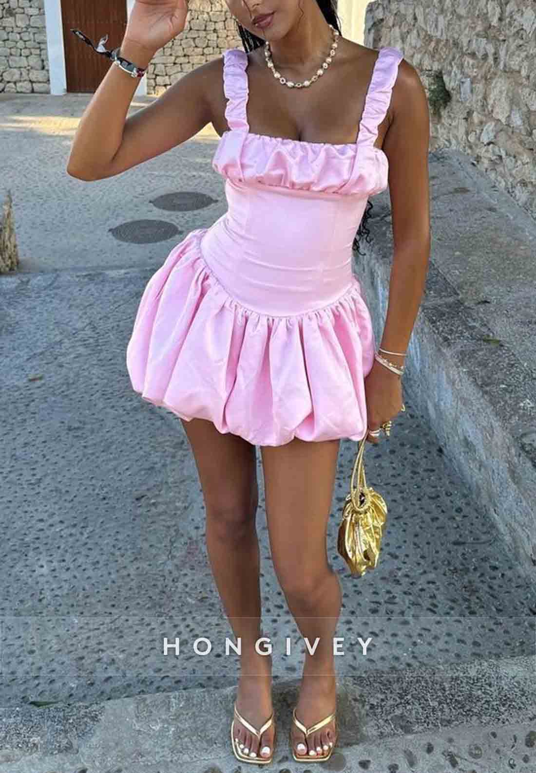 Square Neck Sleeveless A-Line Pleated Elastic Satin Mini Homecoming Dresses