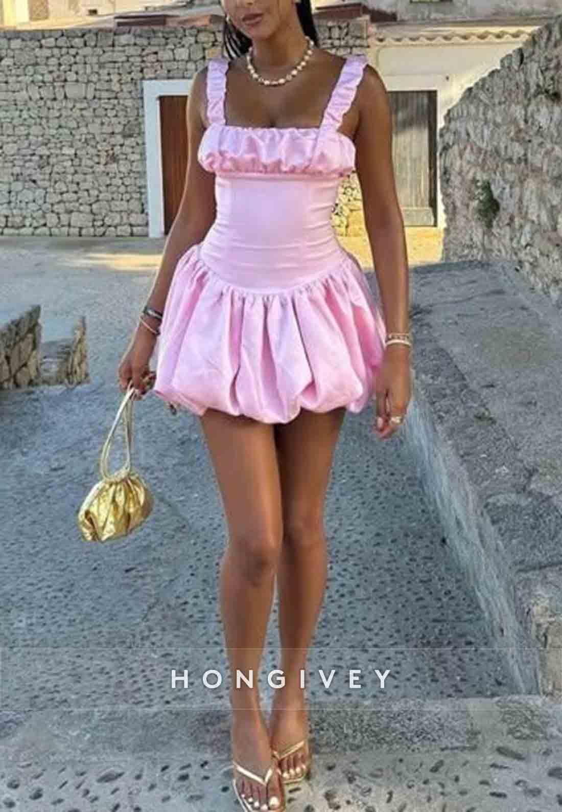 Square Neck Sleeveless A-Line Pleated Elastic Satin Mini Homecoming Dresses