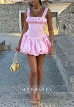 Square Neck Sleeveless A-Line Pleated Elastic Satin Mini Homecoming Dresses