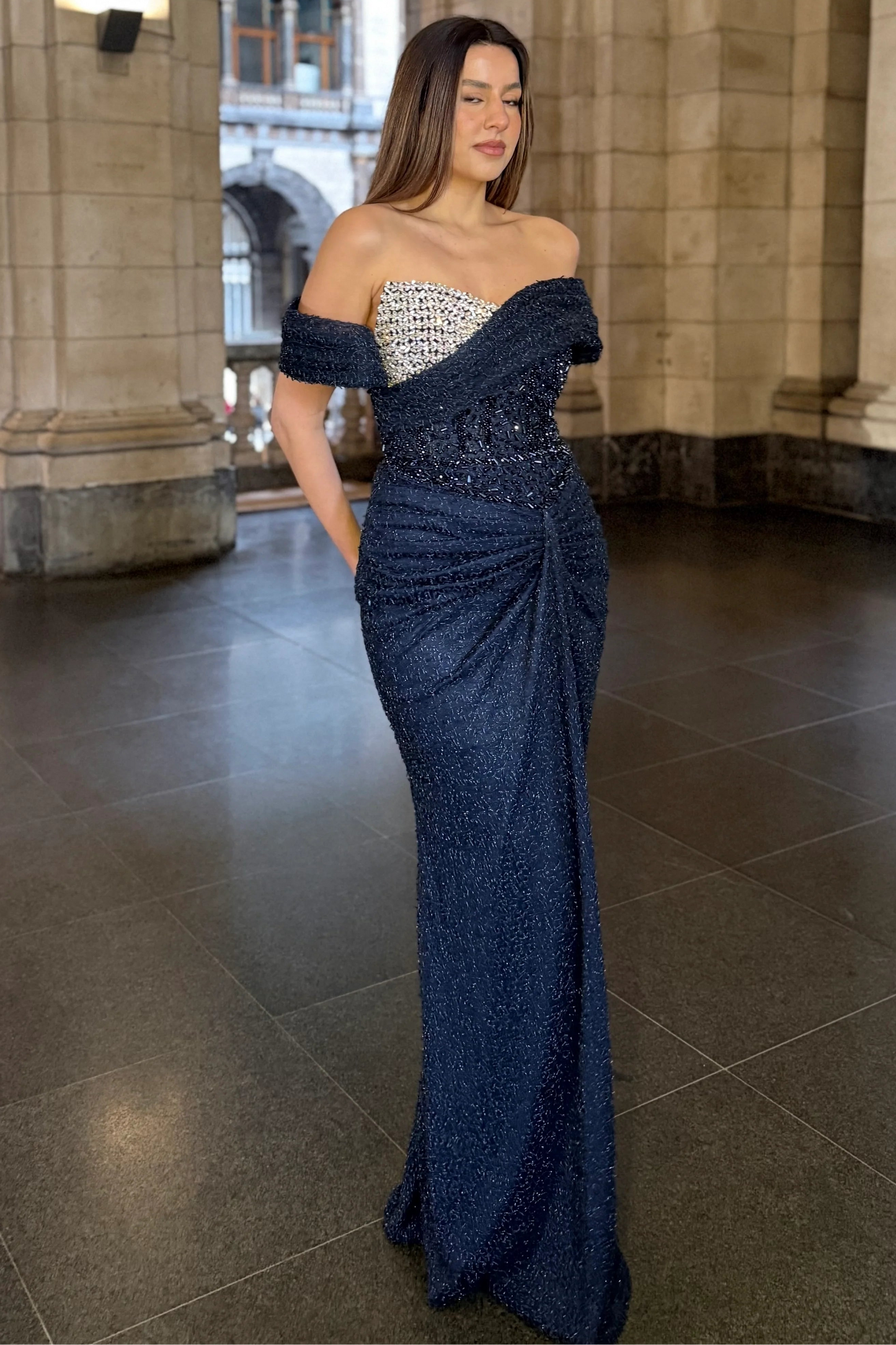 Off the Shoulder Sleeveless Beaded Sparkle Sequins Mermaid Evening Dress