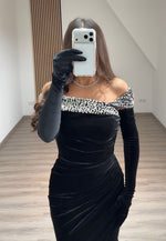 Black Long Sleeve Velvet Trumpet Pleated Floor-Length Evening Gowns