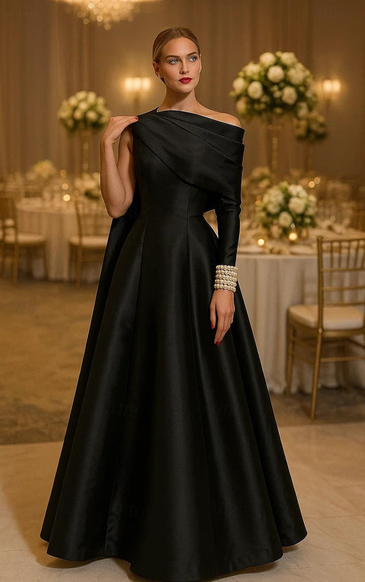 One Shoulder Long Sleeve Beaded A-Line Formal Evening Dress Floor-Length