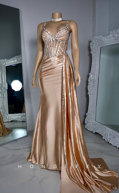 L2929 - Chic V-Neck Spaghetti Straps Beaded With Train Party Prom Evening Dress For Black Women