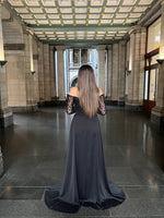 Black Off the Shoulder Lace Sleeve Beaded Mermiad Court Train Floor-length Evening Dress