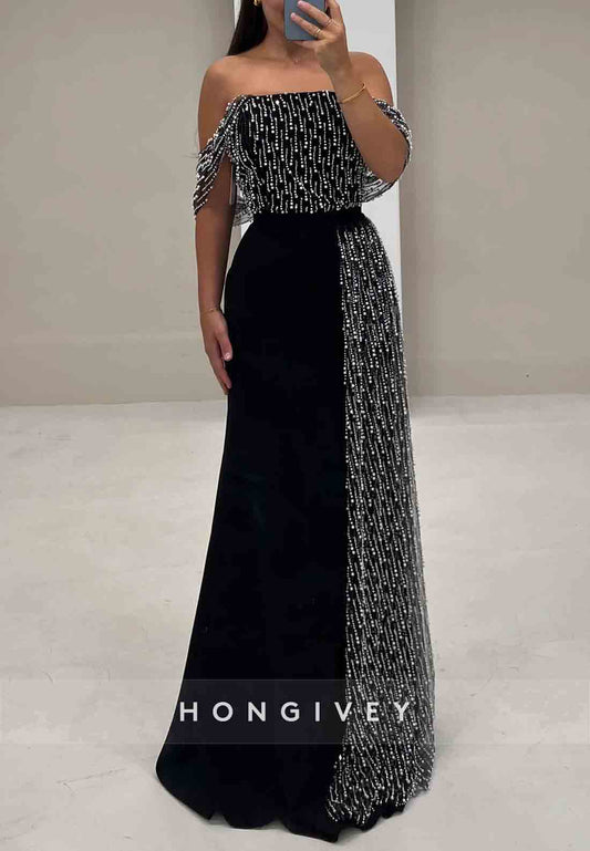 Off the Shoulder A-Line Floor-Length Black Evening Gowns with Tassel