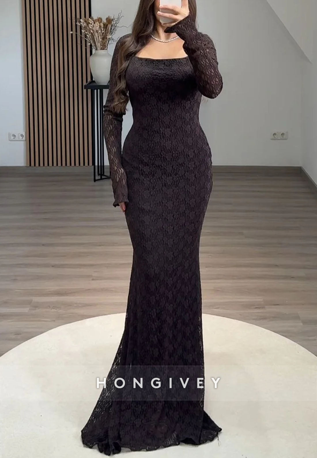 Elegant Long Sleeves Lace Formal Gown Detachable Mermaid Evening Gowns