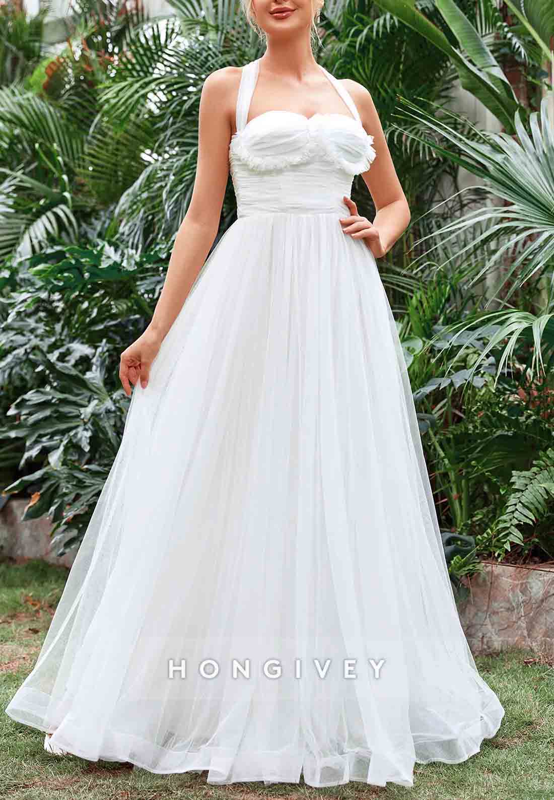 Halter Neck A-Line Ruched Bustier Mesh Floor-Length Wedding Dress