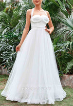 Halter Neck A-Line Ruched Bustier Mesh Floor-Length Wedding Dress