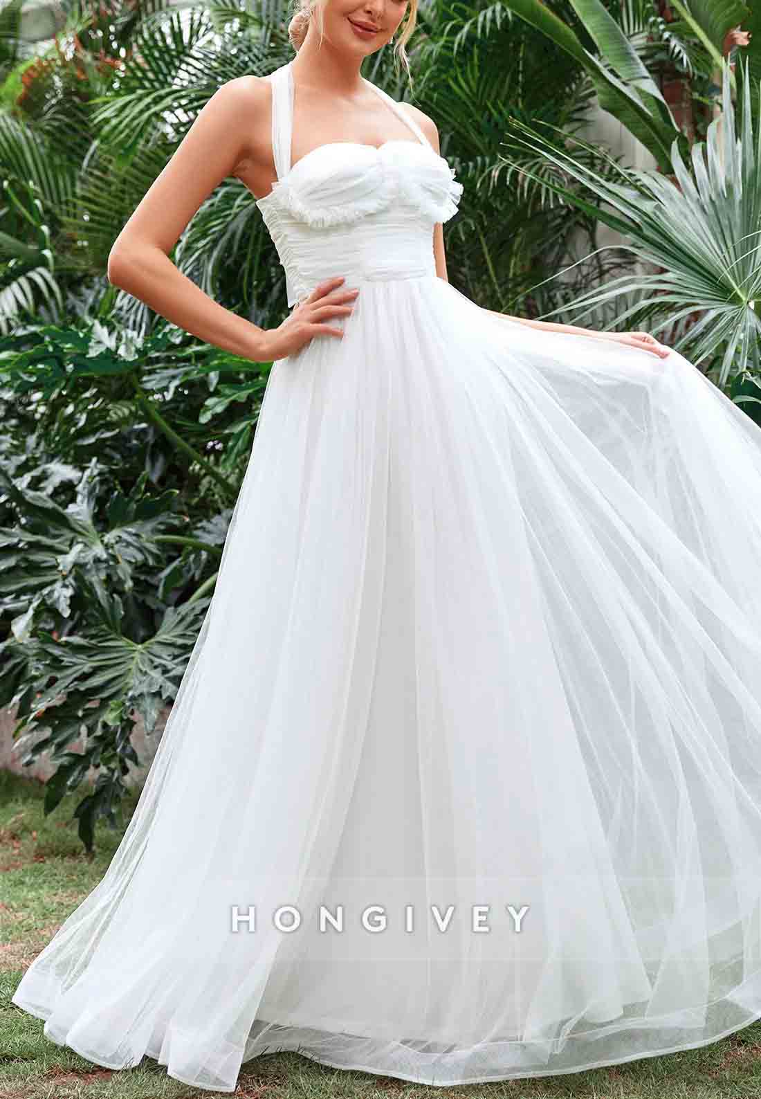 Halter Neck A-Line Ruched Bustier Mesh Floor-Length Wedding Dress