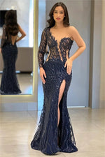 Sexy Black Lace One Shoulder Long Sleeve Sparkle Mermaid Side Slit Evening Dress