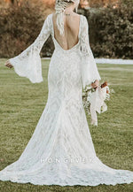 Backless Low V-Neck Sheath Lace Boho Wedding Dress with Long Bell Sleeves