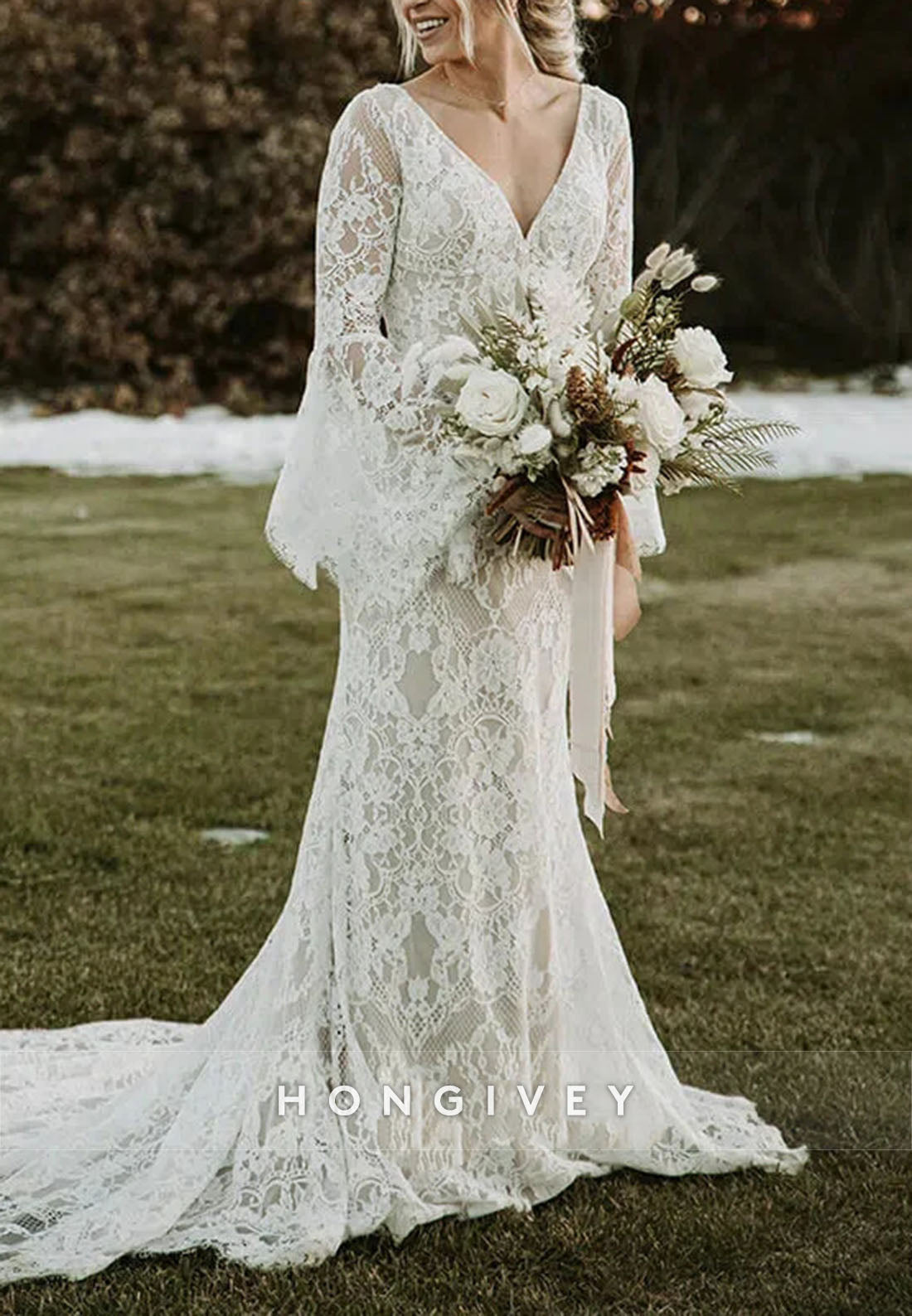 Backless Low V-Neck Sheath Lace Boho Wedding Dress with Long Bell Sleeves