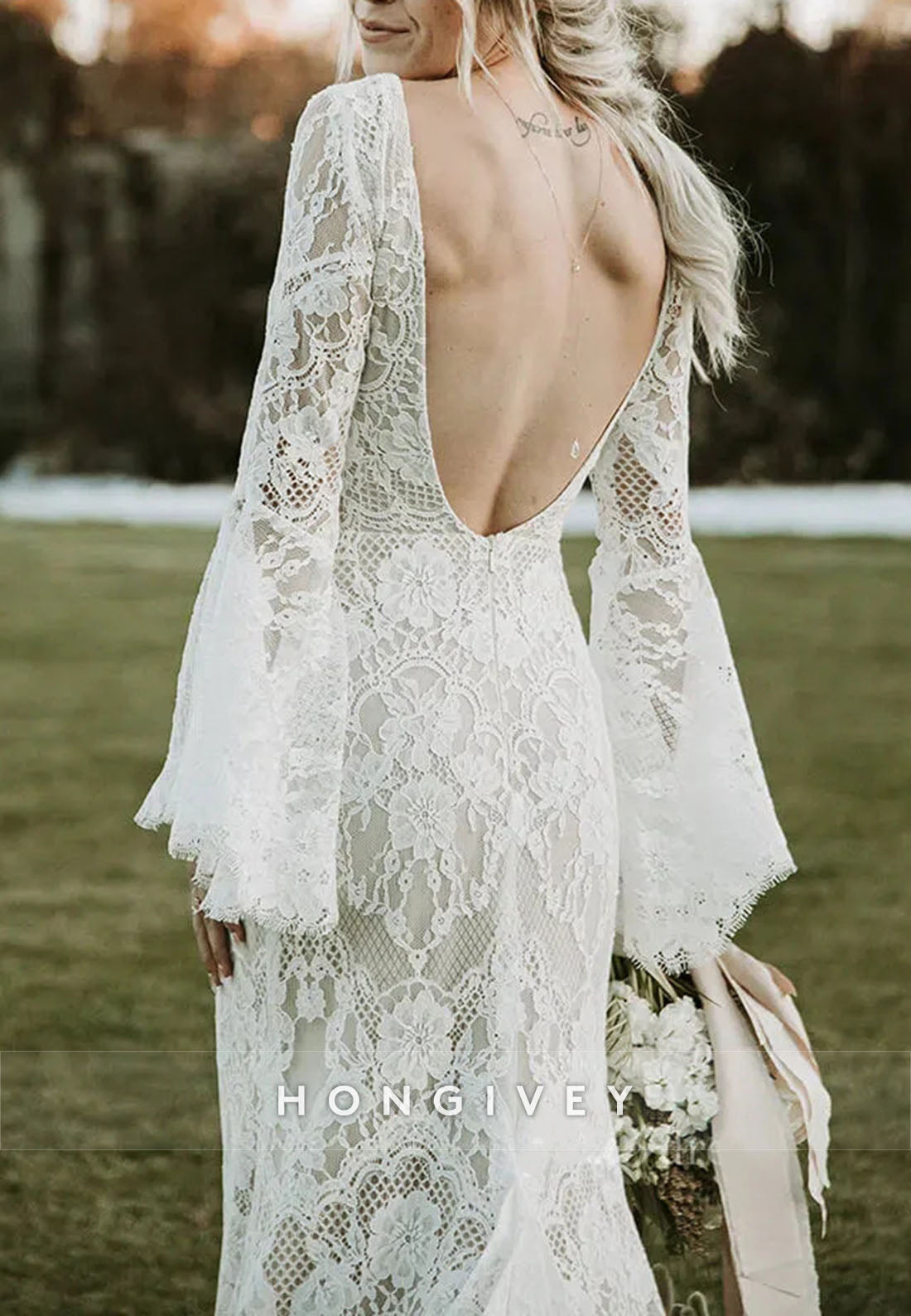 Backless Low V-Neck Sheath Lace Boho Wedding Dress with Long Bell Sleeves