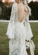 Backless Low V-Neck Sheath Lace Boho Wedding Dress with Long Bell Sleeves