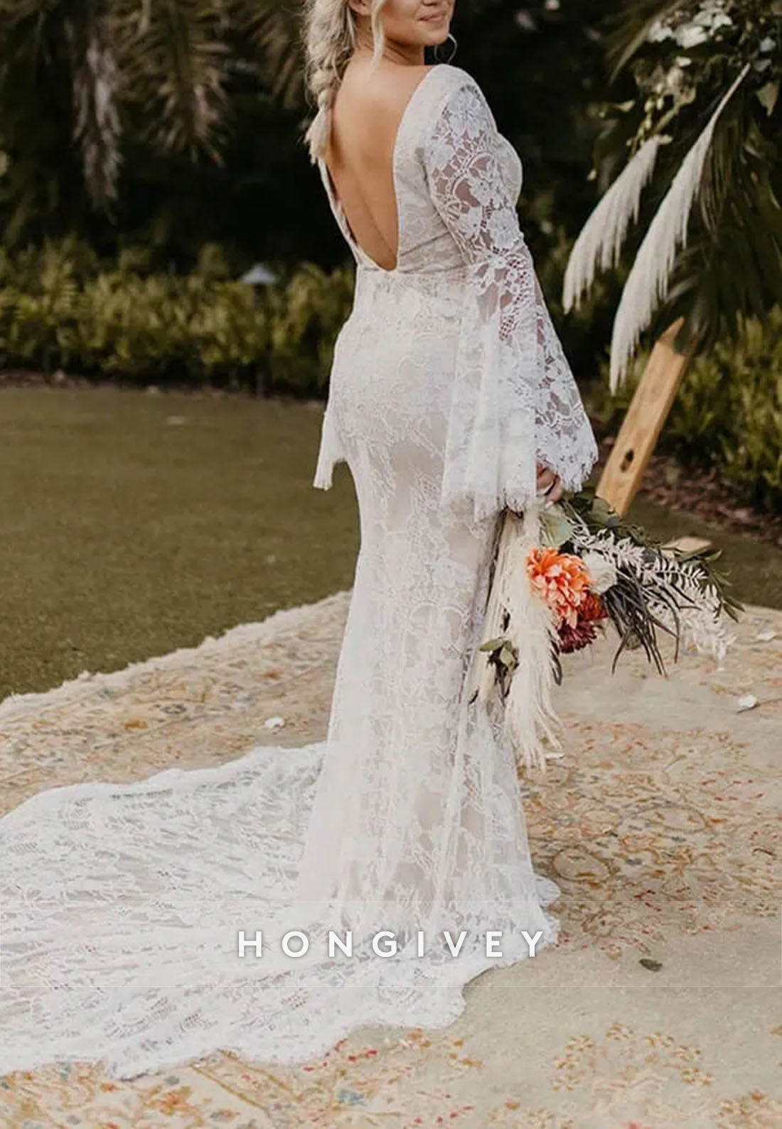 Backless Low V-Neck Sheath Lace Boho Wedding Dress with Long Bell Sleeves