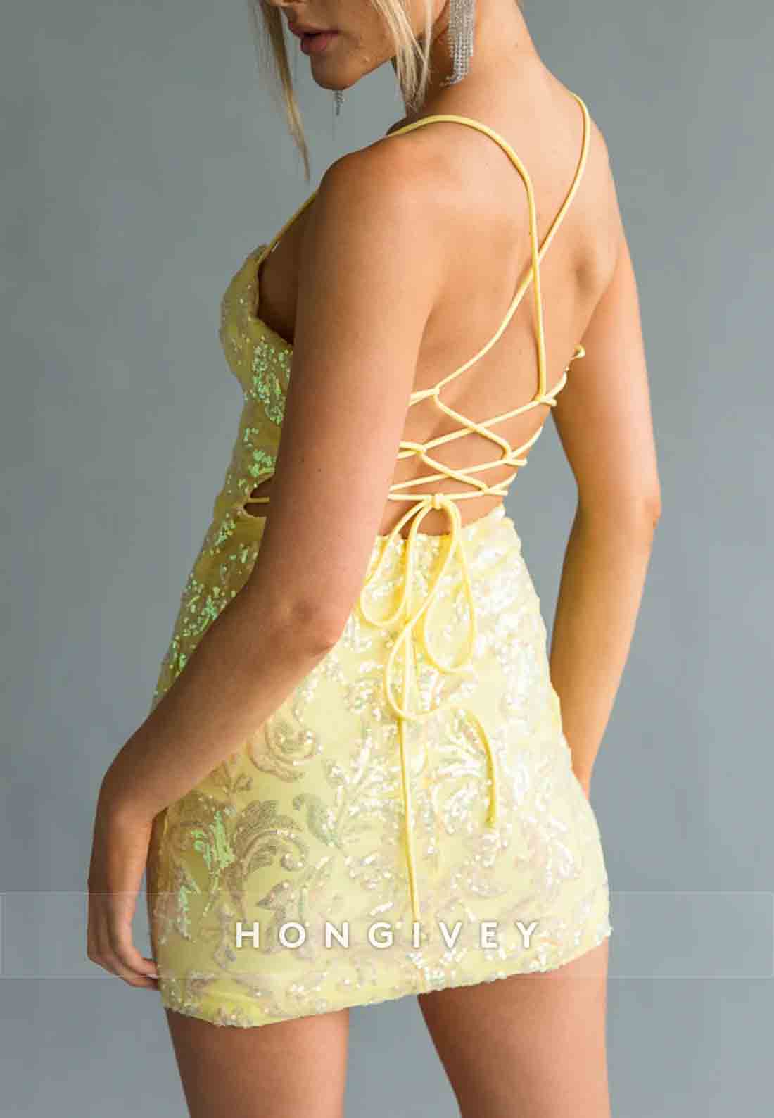 Spaghetti Straps Sweetheart Bodycon Yellow Sequined Mini Homecoming Dress