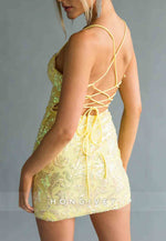 Spaghetti Straps Sweetheart Bodycon Yellow Sequined Mini Homecoming Dress