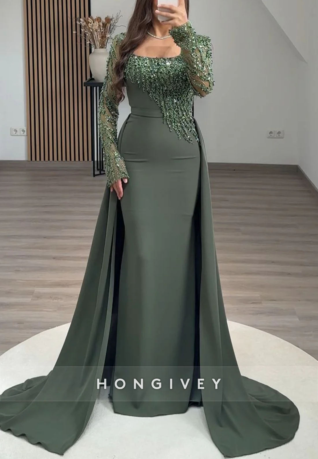 Column Square Neck Long Sleeves Detachable Evening Gown with Beading
