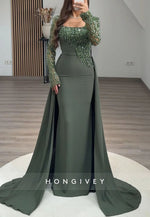 Column Square Neck Long Sleeves Detachable Evening Gown with Beading