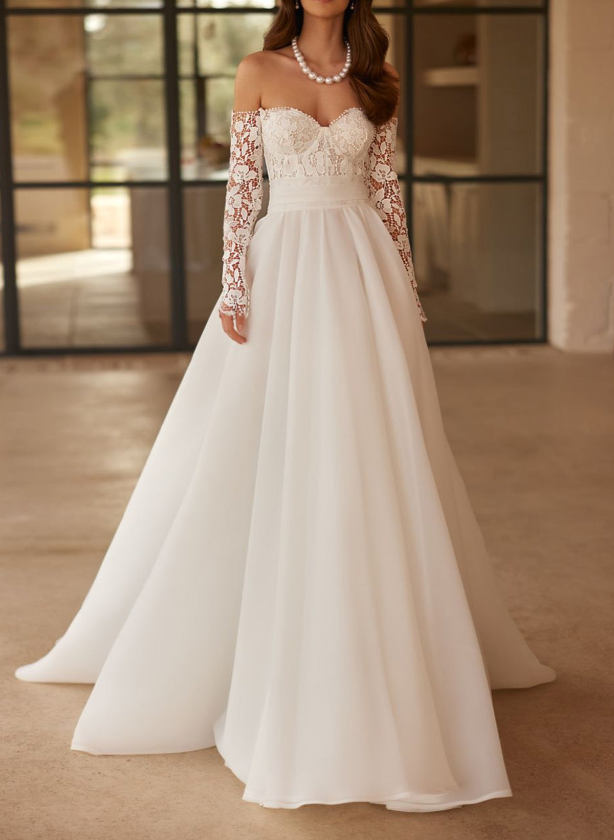 Off the Shoulder Long Sleeves Court Train Lace Satin Wedding Dresses With Appliques