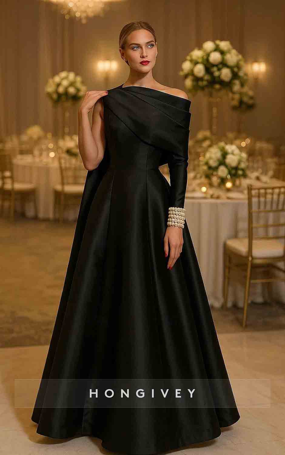 One Shoulder Long Sleeves A-Line Beaded Evening Dress