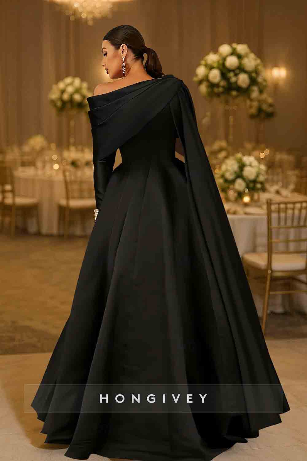 One Shoulder Long Sleeves A-Line Beaded Evening Dress