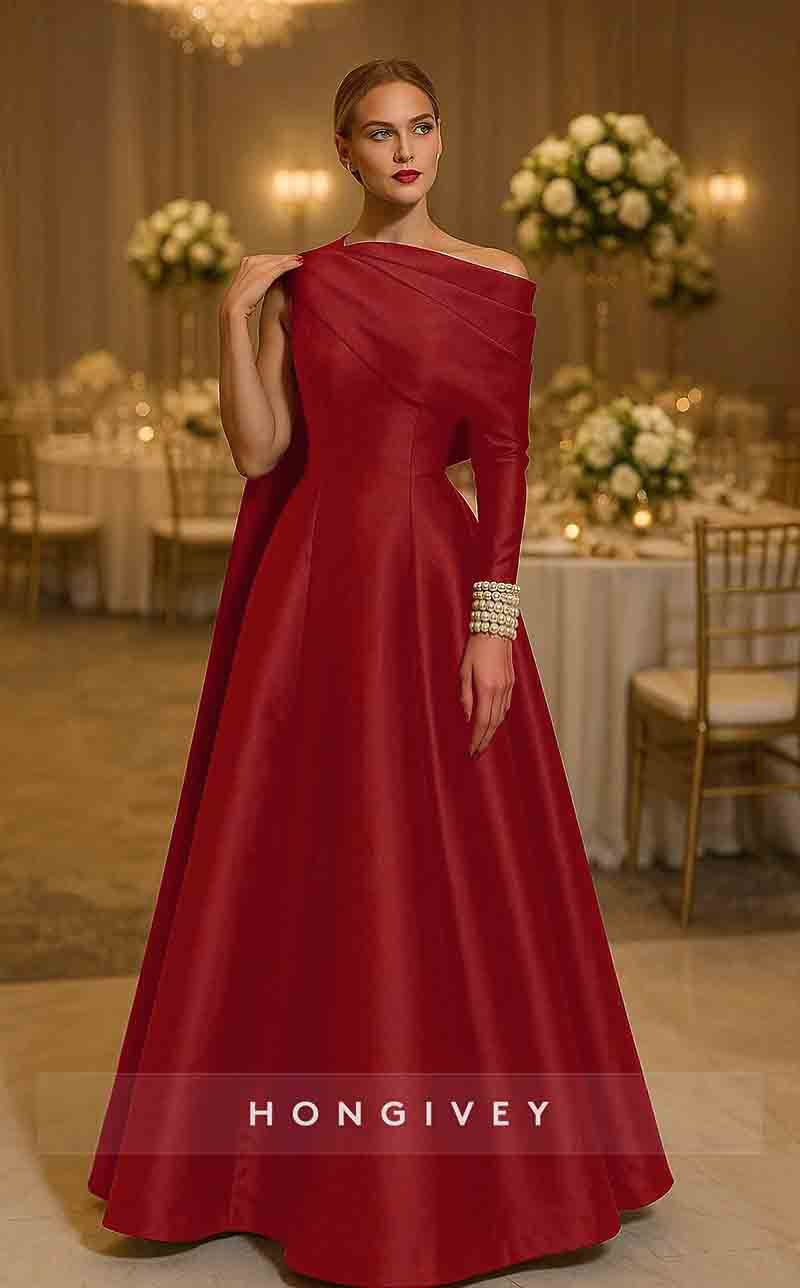 One Shoulder Long Sleeves A-Line Beaded Evening Dress