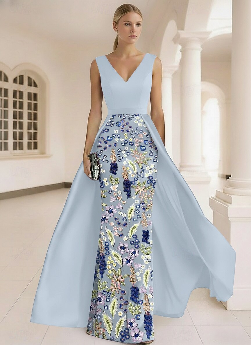 V-Neck Sleeveless Flowers Floral Print Court Train Mermaid Evening Dress