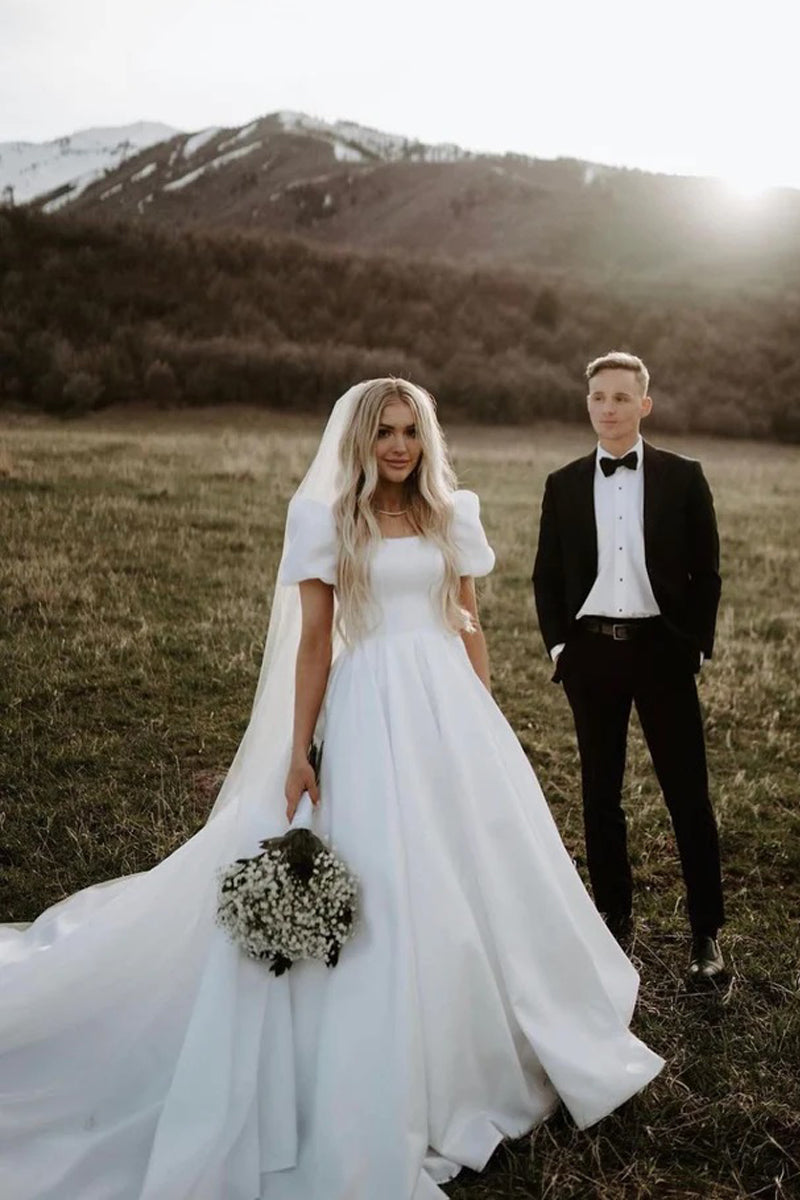 Ball Gown Square Neck White Satin Wedding Dresses