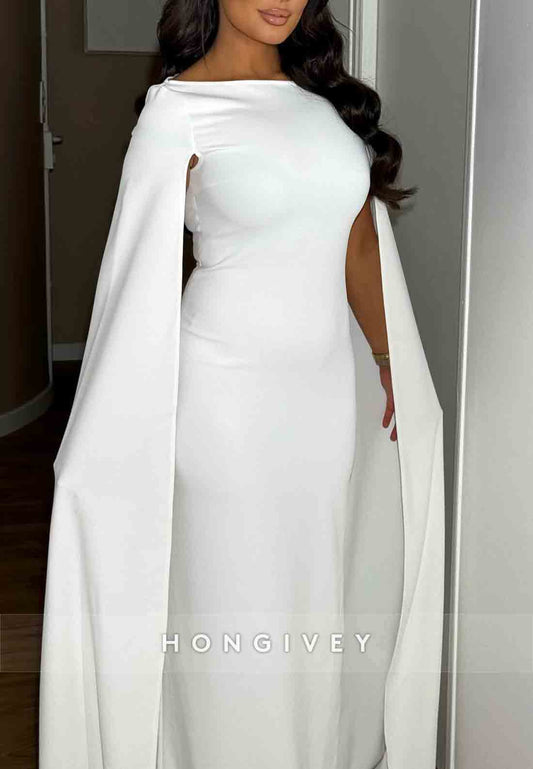 Bateau Neck Long Sleeves Floor-Length Pleated Sleek Sheath Formal Dress