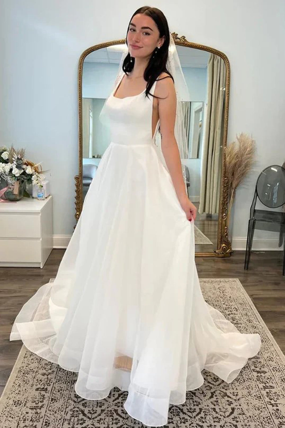 Bateau Sleeveless Backless Beach Wedding Dress With Backless